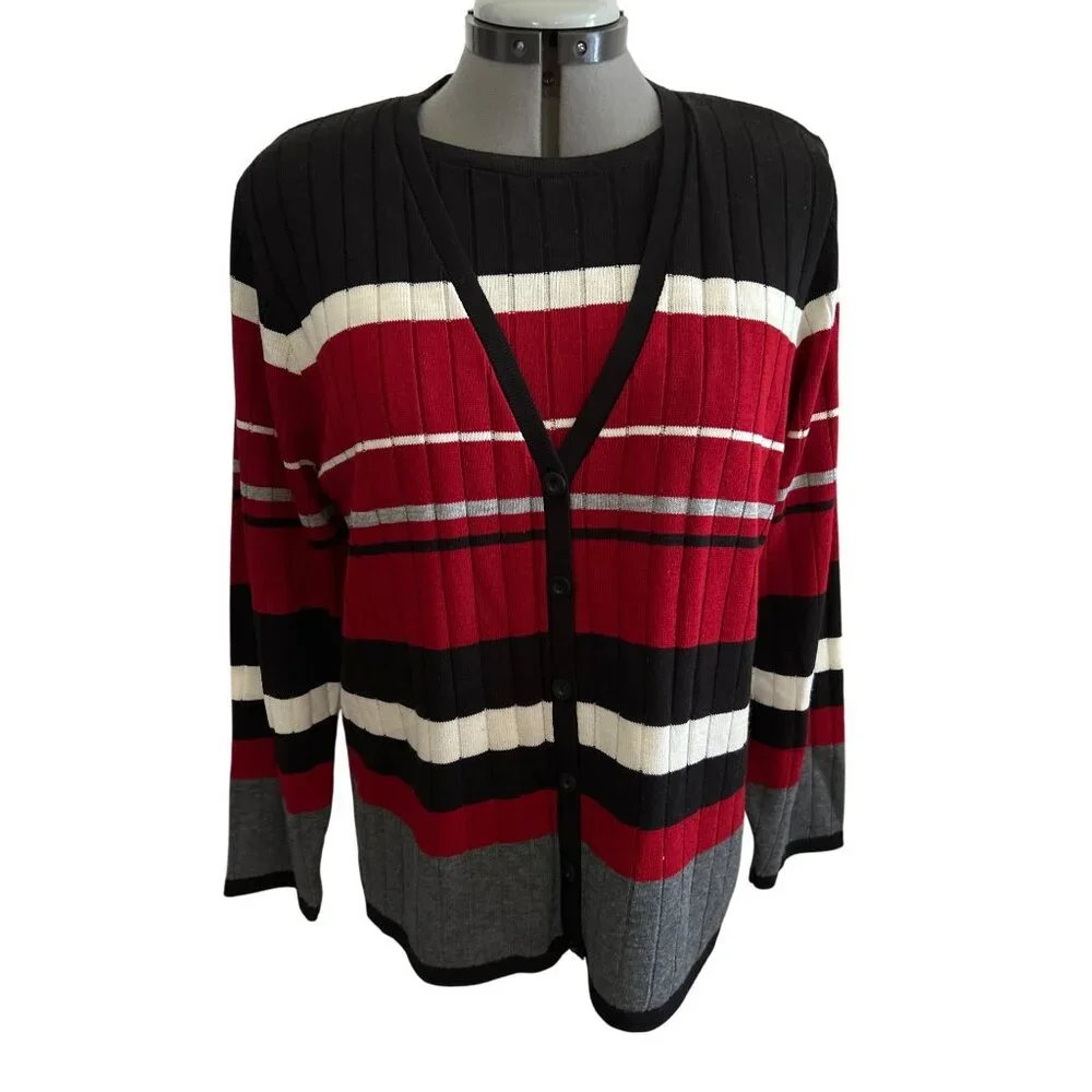 Alfred Dunner Cardigan faux 2 pc Sweater S Black/Red/Gray Striped Button-Front